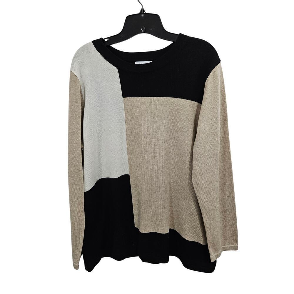 CALVIN KLEIN Women's Colorblock Crewneck Sweater Size XL Black White Tan - Picture 1 of 6